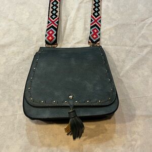 Boho Saddle Style Crossbody Bag with Tassel and Patterned Strap